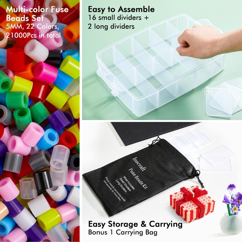 Inscraft Fuse Beads, 21,000 pcs Fuse Beads Kit 22 Colors 5MM for Kids, Including 8 Ironing Paper,48 Patterns, 4 Pegboards, Tweezers, Beads Compatible Kit by INSCRAFT - Image 2